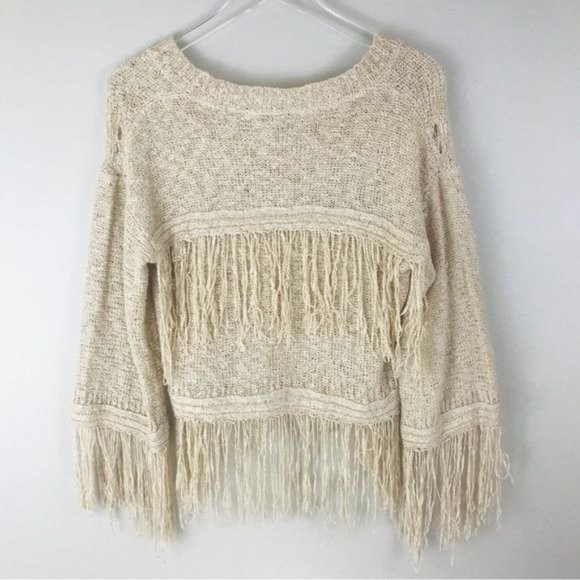 FATE Boho Distressed Knit Tiered Fringe Sweater Size Small - Picture 7 of 12